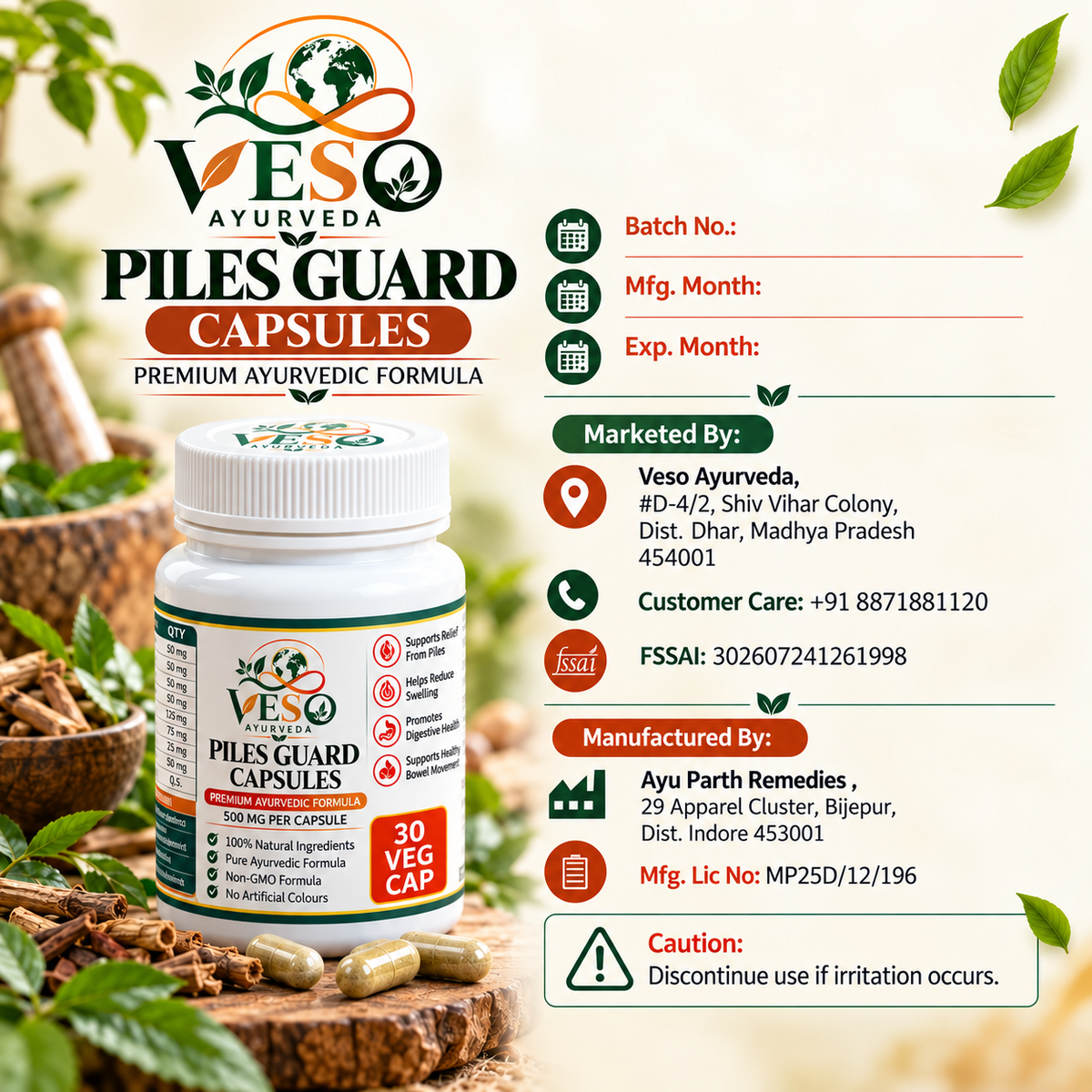 VESO AYURVEDA Piles Guard Capsules – Premium Ayurvedic Herbal Formula | 30 Veg Capsules