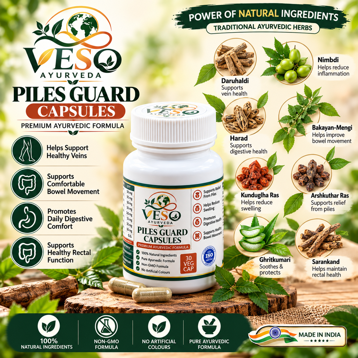VESO AYURVEDA Piles Guard Capsules – Premium Ayurvedic Herbal Formula | 30 Veg Capsules