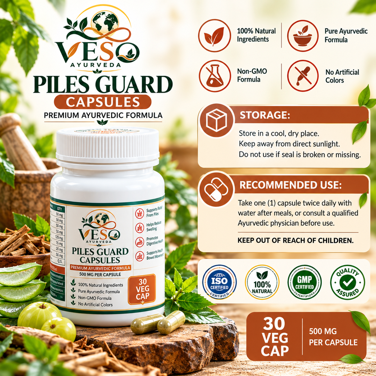 VESO AYURVEDA Piles Guard Capsules – Premium Ayurvedic Herbal Formula | 30 Veg Capsules